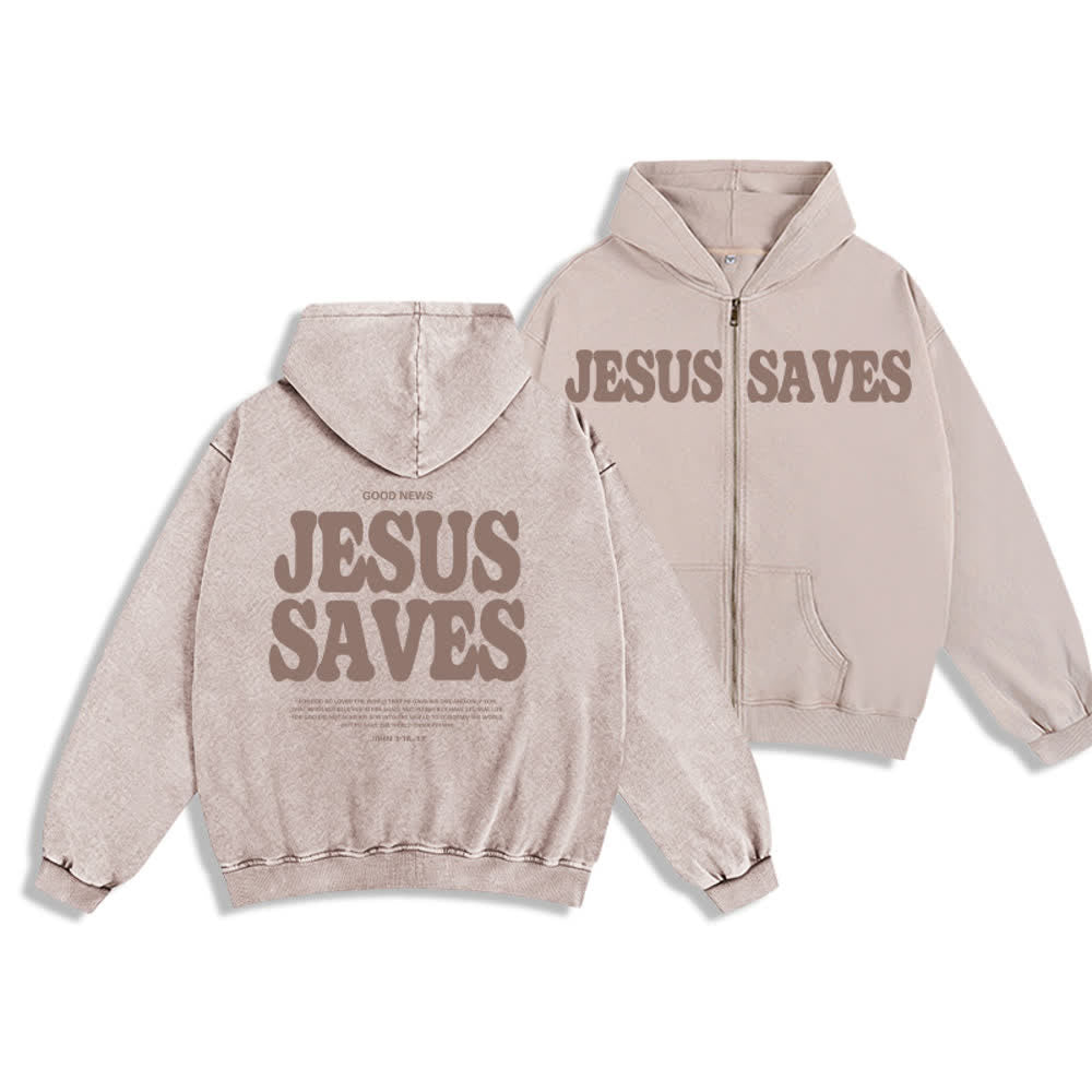 Christianartworkshop Jesus Saves Washed Oversized Streetwear Hooded Jacket - Beige - 2XL - image 12
