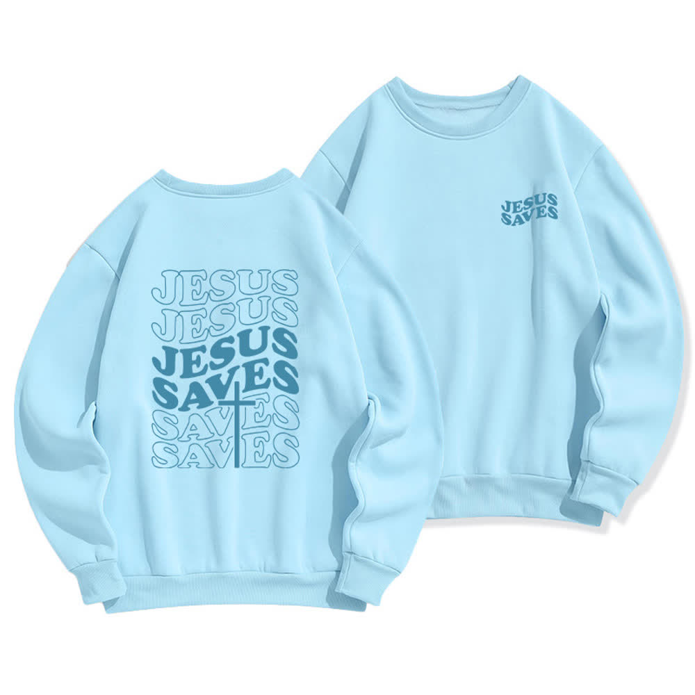 Christianartworkshop Jesus Saves Back Print Fleece Crewneck Sweatshirt - Blue - 2XL - image 12