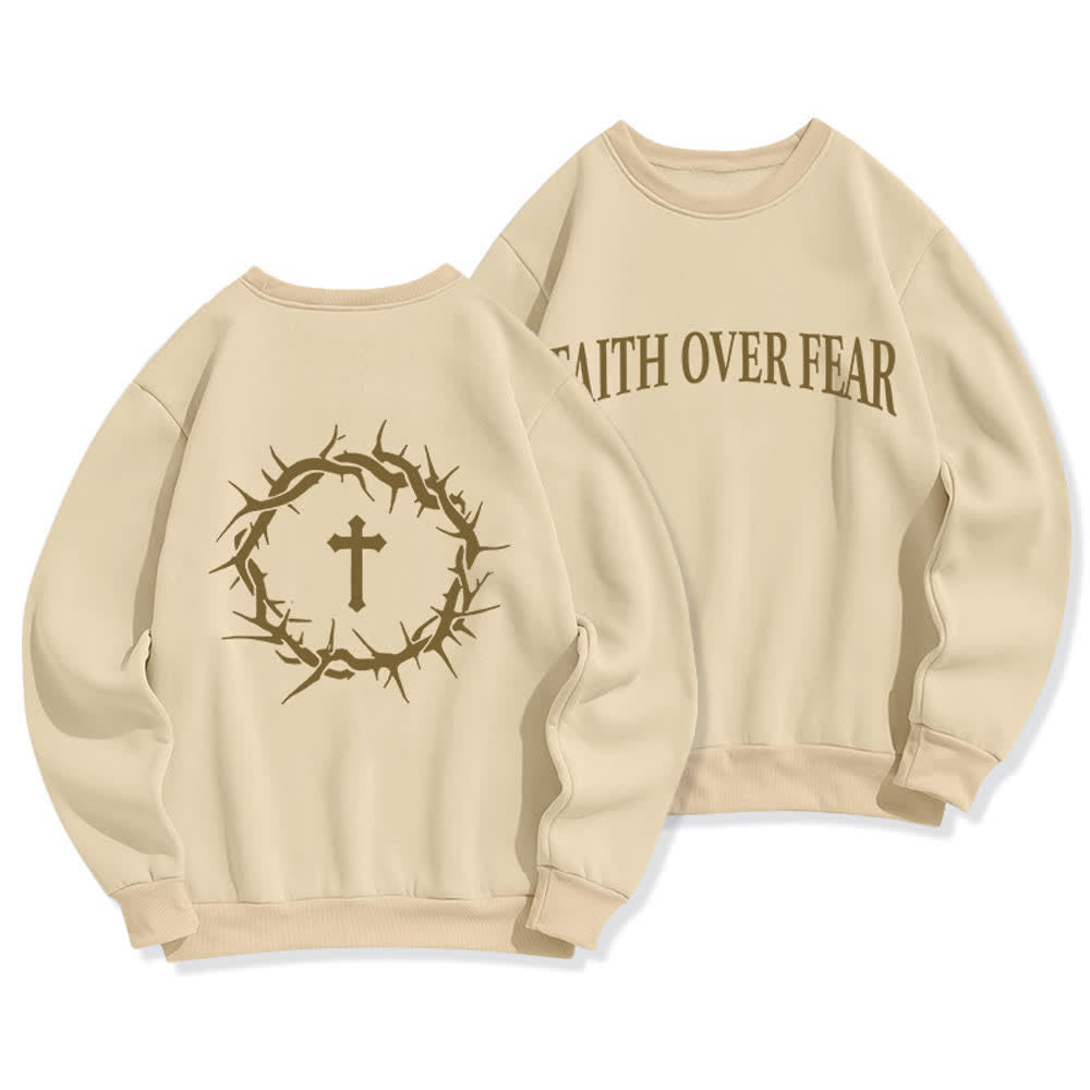 Christianartworkshop Faith Over Fear Cross Graphic Fleece Lined Crewneck Sweatshirts - Beige - 2XL - image 12
