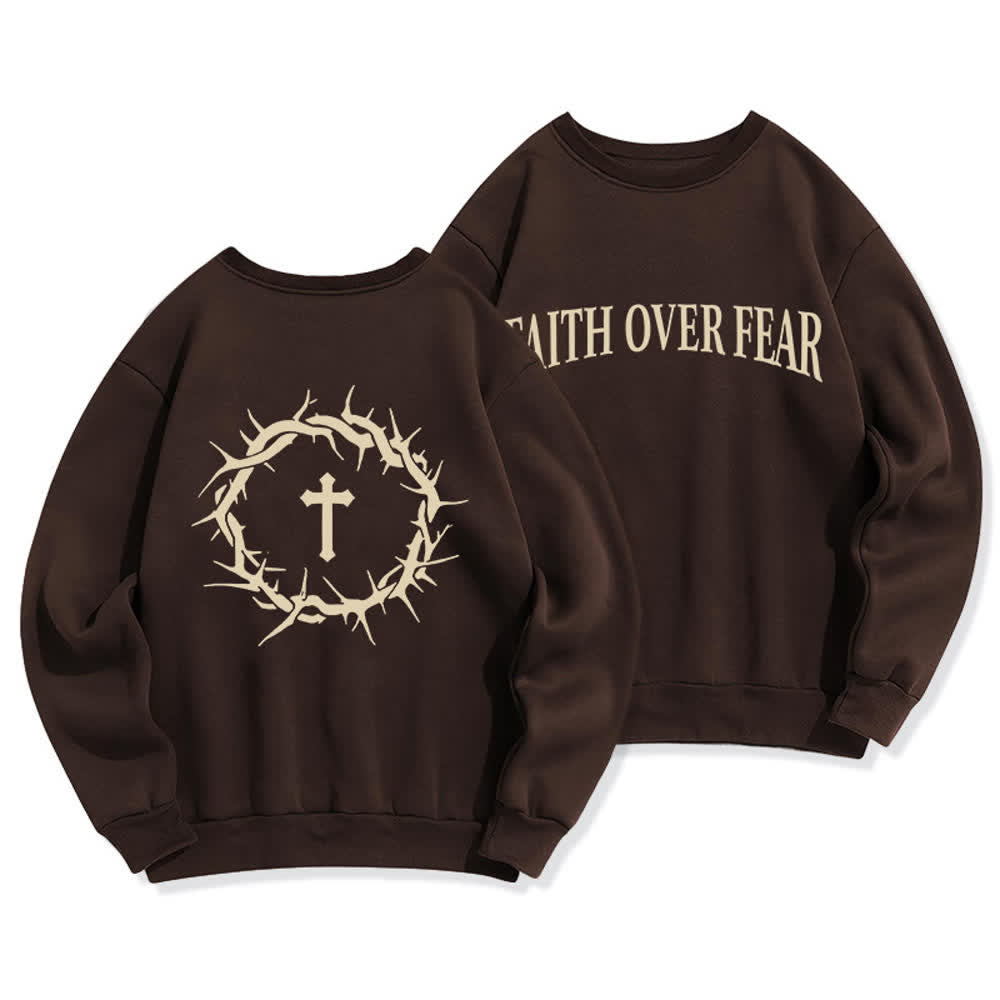 Christianartworkshop Faith Over Fear Cross Graphic Fleece Lined Crewneck Sweatshirts - Brown - 2XL - image 0
