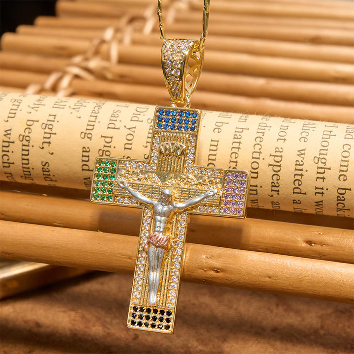 Christianartworkshop Iced Multihued Crystal Sculpted Crucifix Necklace: Token of Boundless Heavenly Mercy - Crucifix - image 0