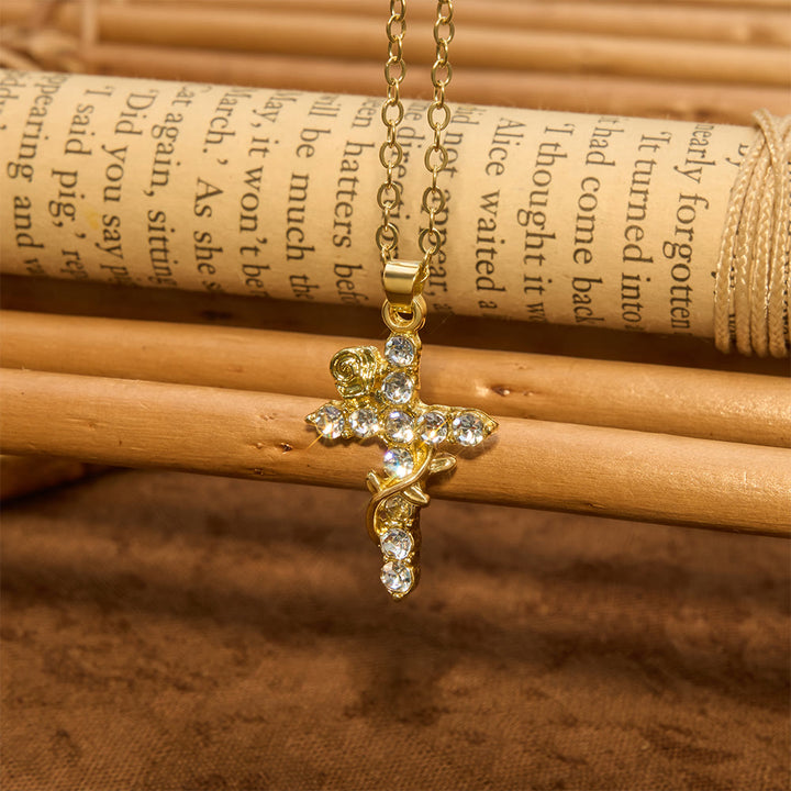 Christianartworkshop Crystal Rose Vine Cross Pendant Necklace: Token of Gentle Heavenly Mercy - Golden - image 0