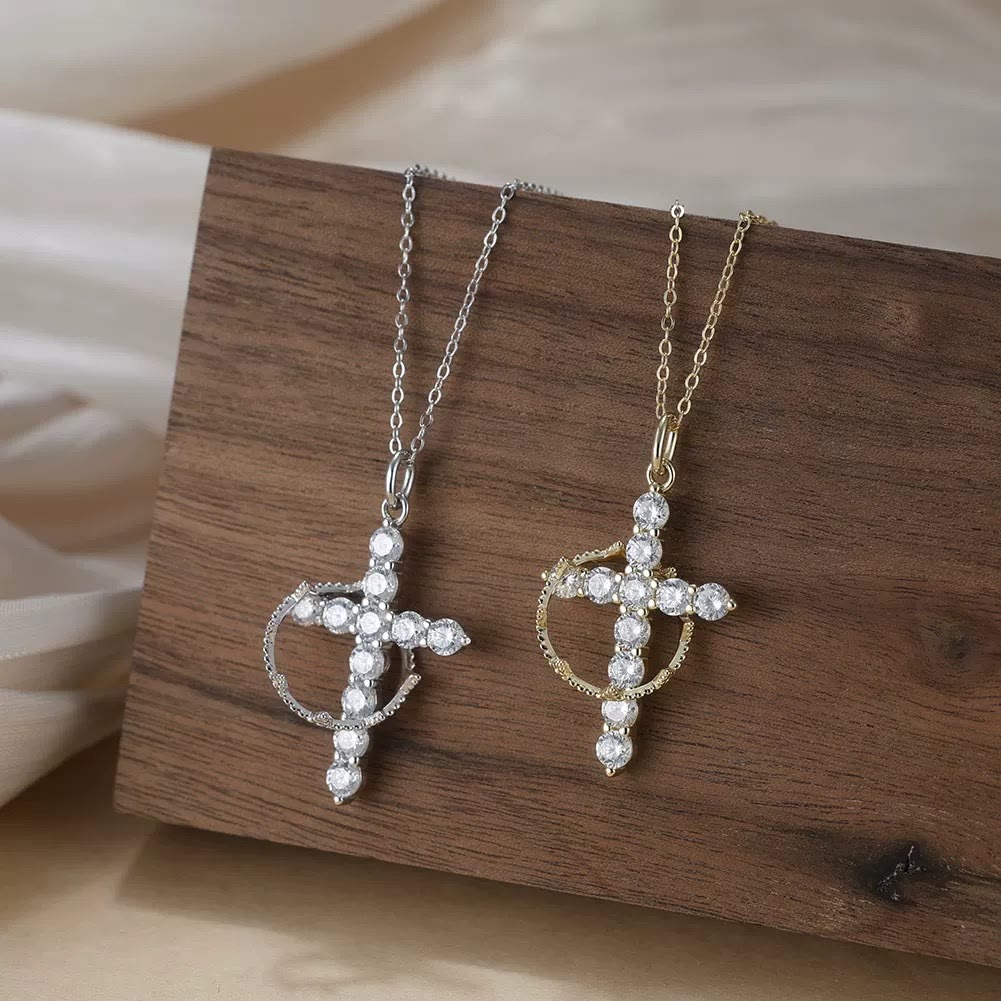 Christianartworkshop Sparkling Stone Wrapped Ring Cross Necklace: Emblem of Pure Heavenly Grace - Silver - image 0