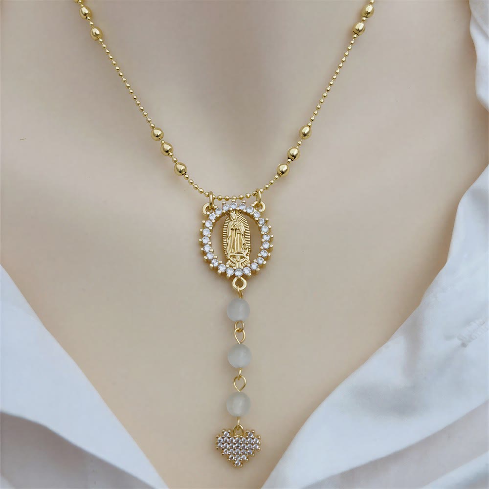 Christianartworkshop Vintage Stone Frame Holy Figure Beaded Necklace: Emblem of Tender Heavenly Mercy - Our Lady of Guadalupe - image 1