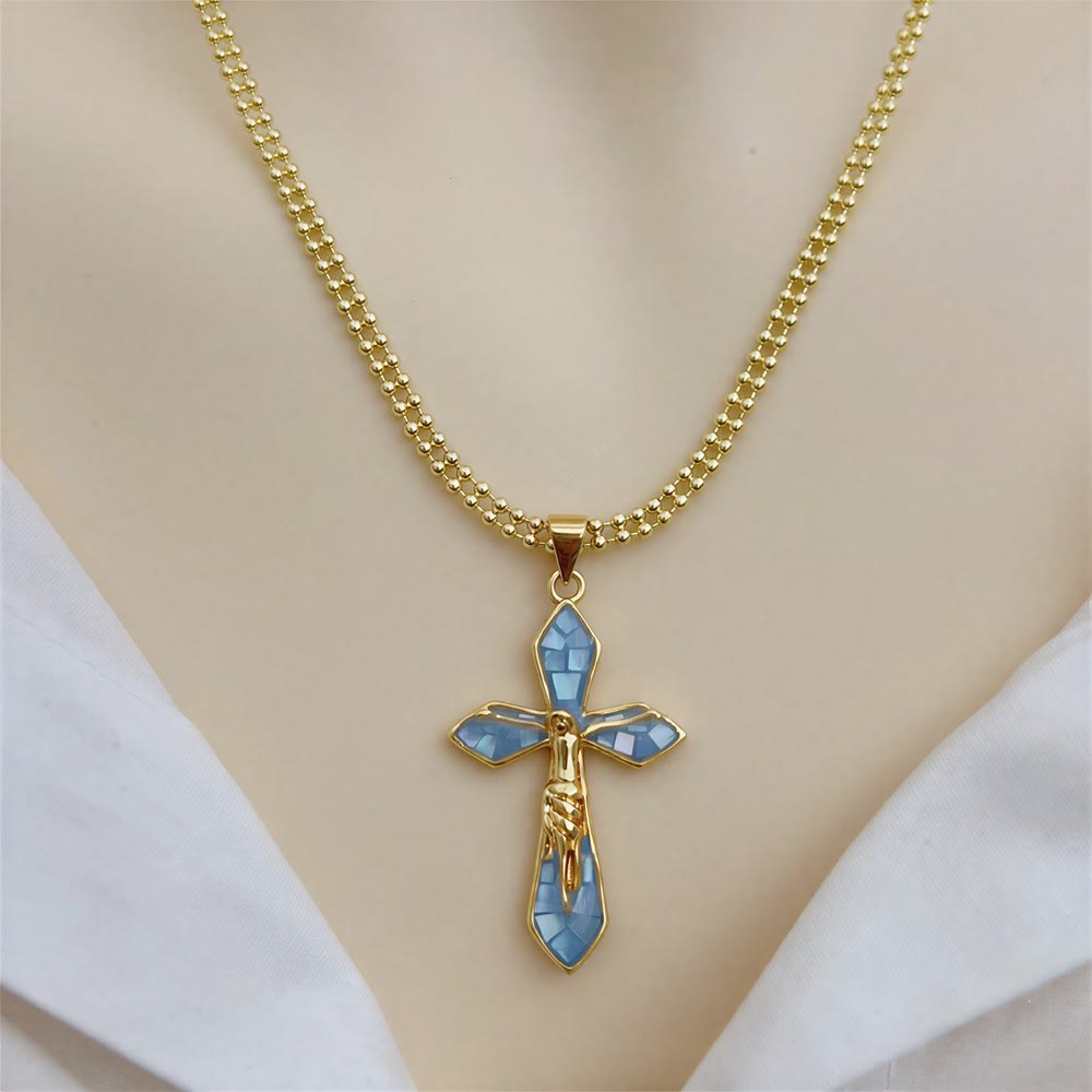 Christianartworkshop Pastel Shell Inlay Curved Cross Chain: Symbol of Constant Divine Shelter - Sky Blue - image 1