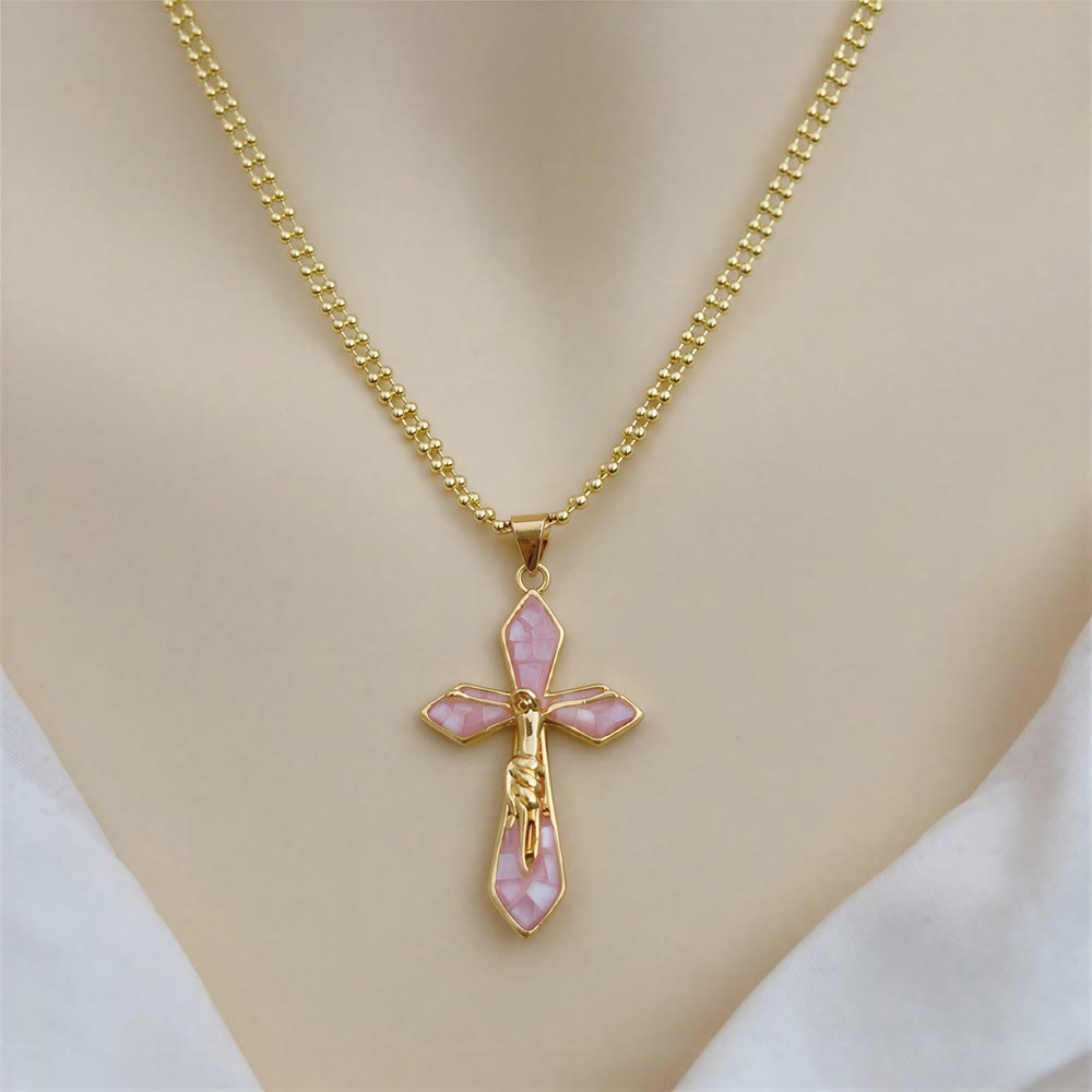 Christianartworkshop Pastel Shell Inlay Curved Cross Chain: Symbol of Constant Divine Shelter - Light Pink - image 9