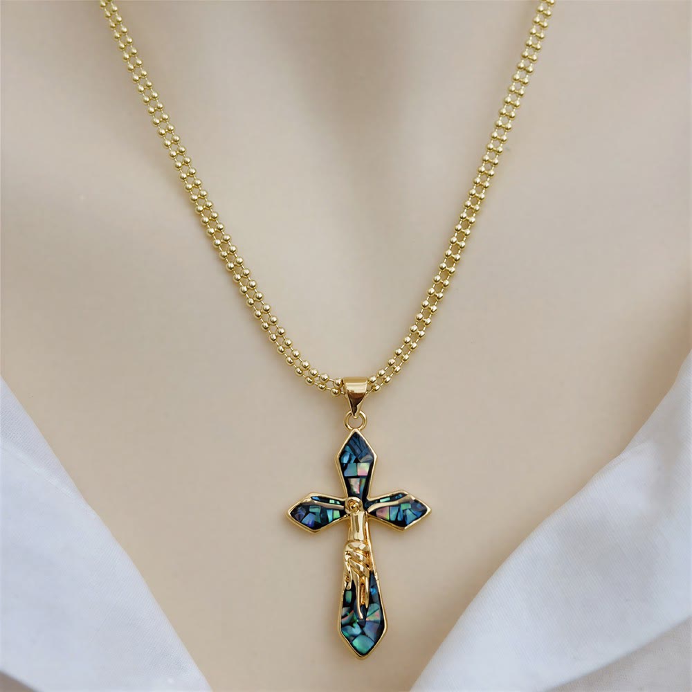 Christianartworkshop Pastel Shell Inlay Curved Cross Chain: Symbol of Constant Divine Shelter - Dark Green - image 6