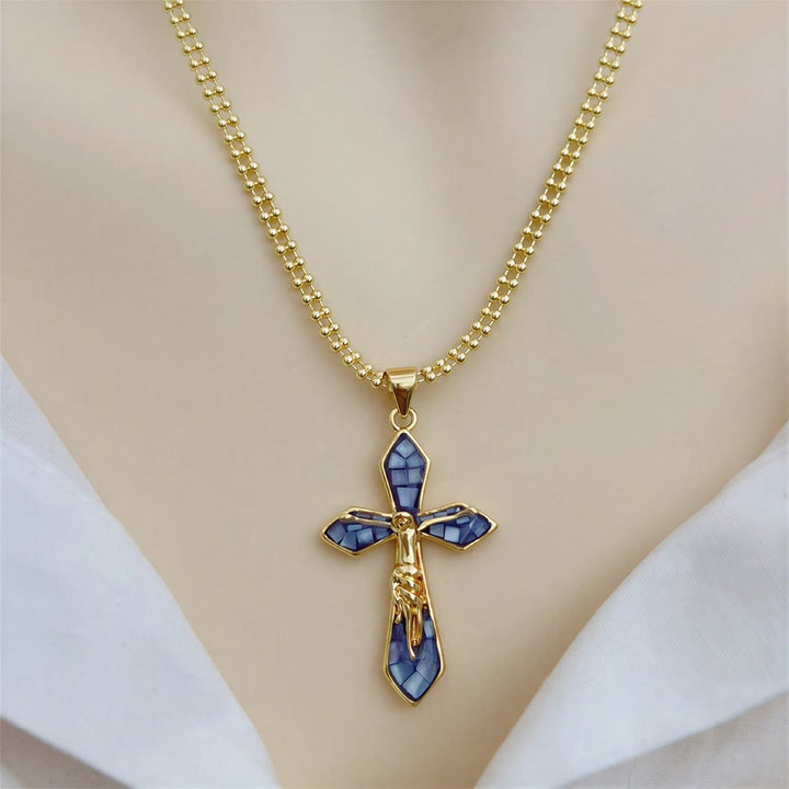 Christianartworkshop Pastel Shell Inlay Curved Cross Chain: Symbol of Constant Divine Shelter - Navy Blue - image 5