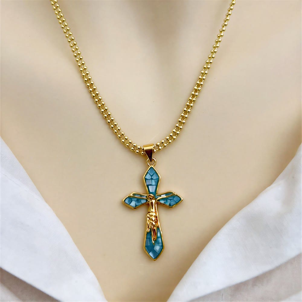 Christianartworkshop Pastel Shell Inlay Curved Cross Chain: Symbol of Constant Divine Shelter - Lake Blue - image 8