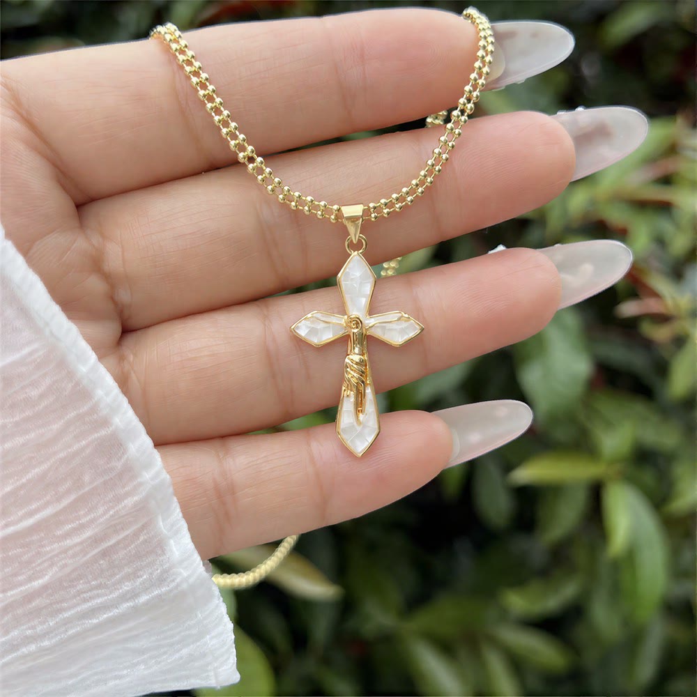 Christianartworkshop Pastel Shell Inlay Curved Cross Chain: Symbol of Constant Divine Shelter - image 4