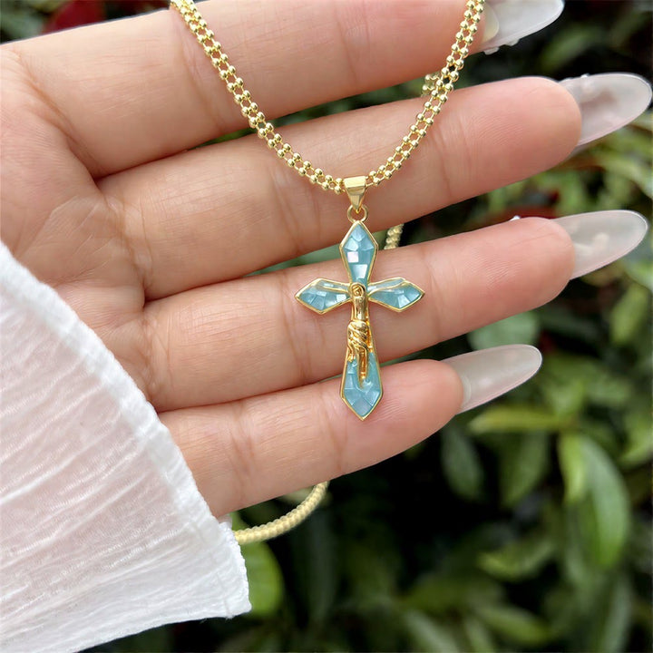 Christianartworkshop Pastel Shell Inlay Curved Cross Chain: Symbol of Constant Divine Shelter - image 2