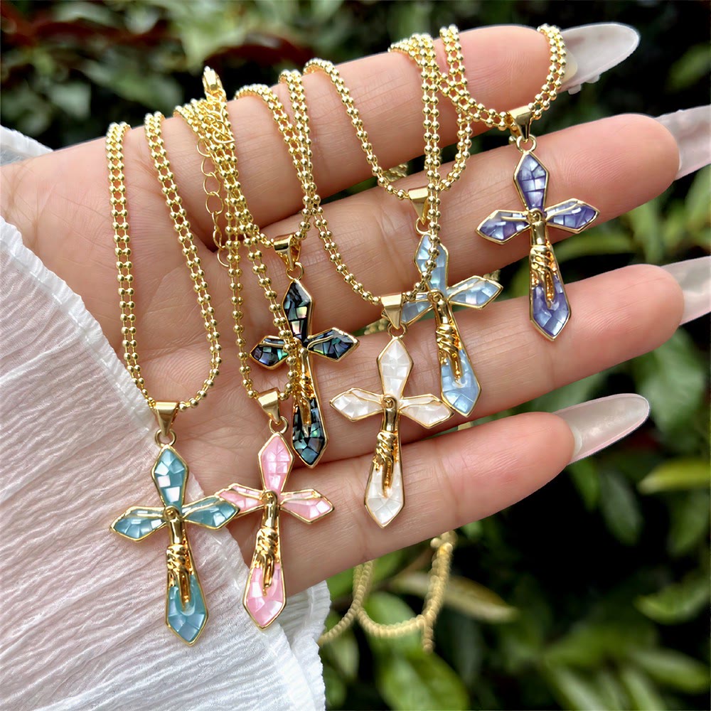 Christianartworkshop Pastel Shell Inlay Curved Cross Chain: Symbol of Constant Divine Shelter - image 0