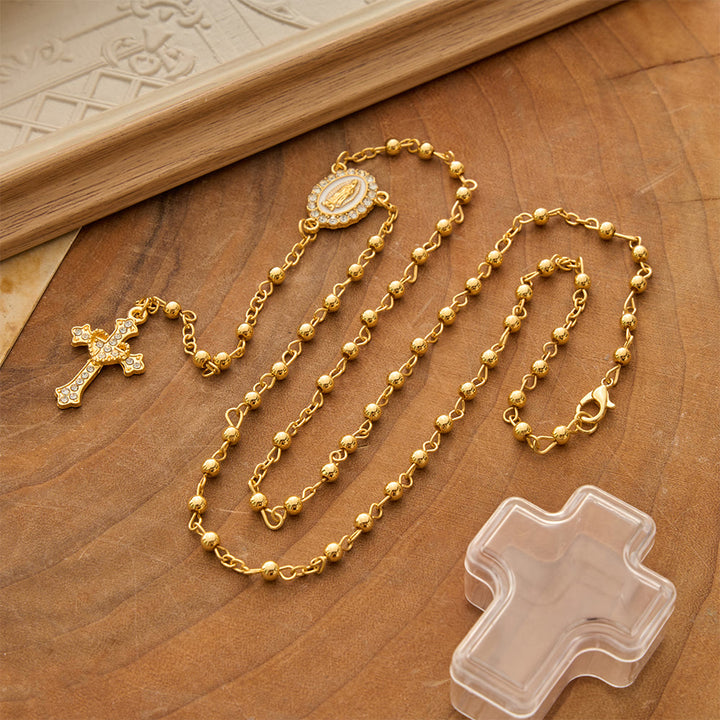 Christianartworkshop Smooth Bead Metal Chain Rosary With Detailed Crucifix: Emblem of Quiet Heavenly Mercy - Golden - image 0