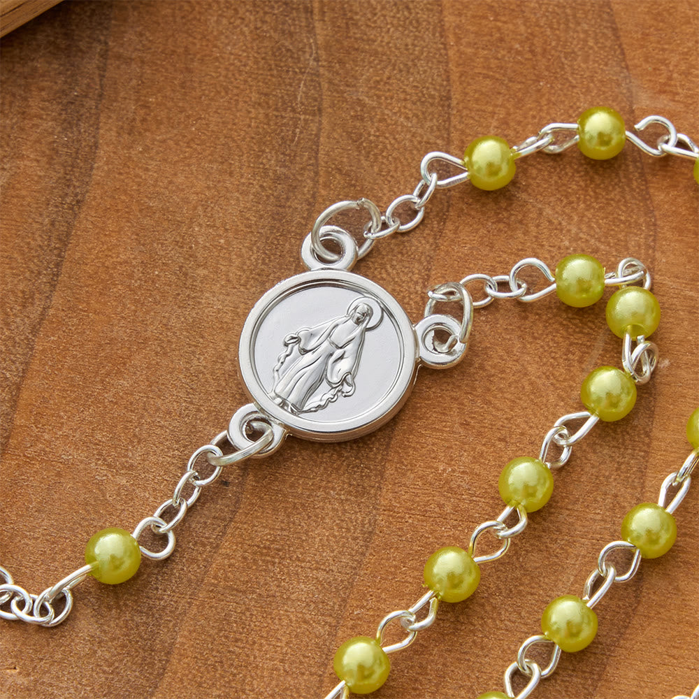 Christianartworkshop Smooth Bead Metal Chain Rosary With Detailed Crucifix: Emblem of Quiet Heavenly Mercy - Light Green - image 6