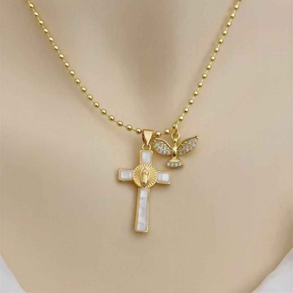 Christianartworkshop Pastel Inlaid Cross Necklace With Sparkling Wing Charm: Emblem of Soft Heavenly Protection - White - image 7