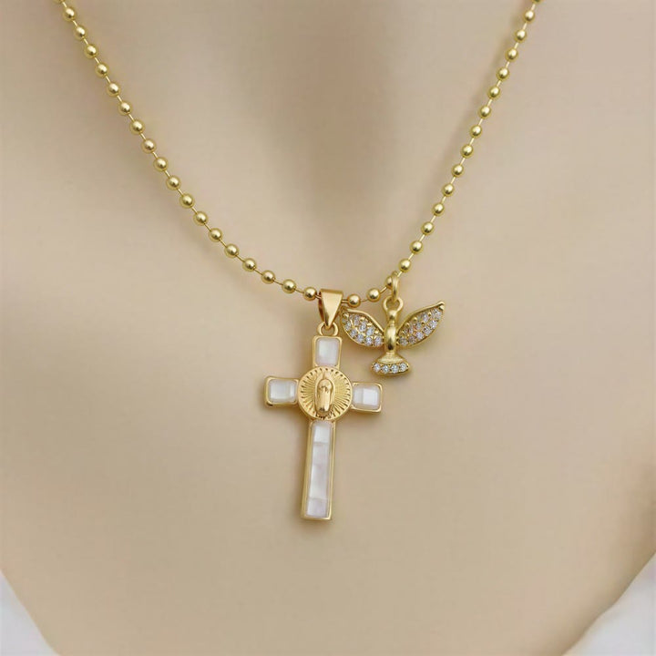 Christianartworkshop Pastel Inlaid Cross Necklace With Sparkling Wing Charm: Emblem of Soft Heavenly Protection - White - image 7