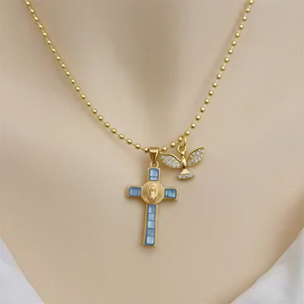 Christianartworkshop Pastel Inlaid Cross Necklace With Sparkling Wing Charm: Emblem of Soft Heavenly Protection - Sky Blue - image 11