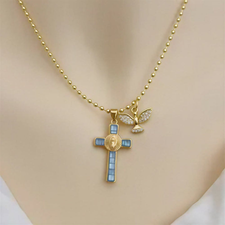 Christianartworkshop Pastel Inlaid Cross Necklace With Sparkling Wing Charm: Emblem of Soft Heavenly Protection - Sky Blue - image 11