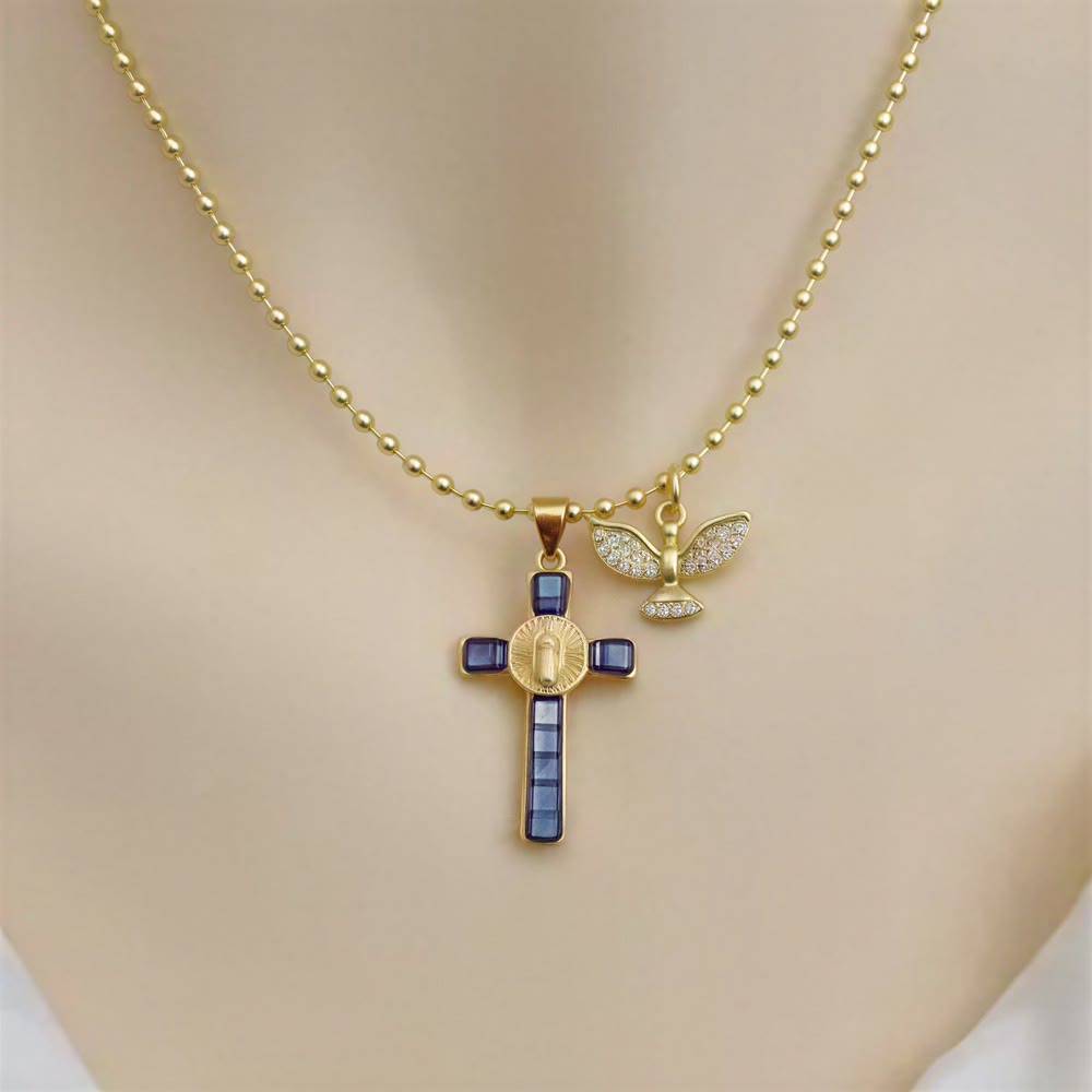 Christianartworkshop Pastel Inlaid Cross Necklace With Sparkling Wing Charm: Emblem of Soft Heavenly Protection - Purple - image 9