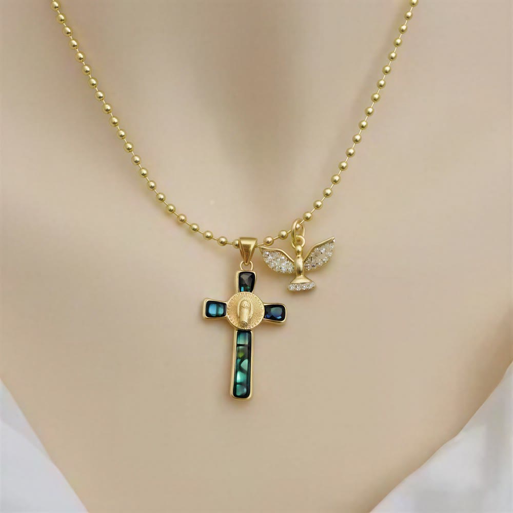Christianartworkshop Pastel Inlaid Cross Necklace With Sparkling Wing Charm: Emblem of Soft Heavenly Protection - Dark Green - image 3