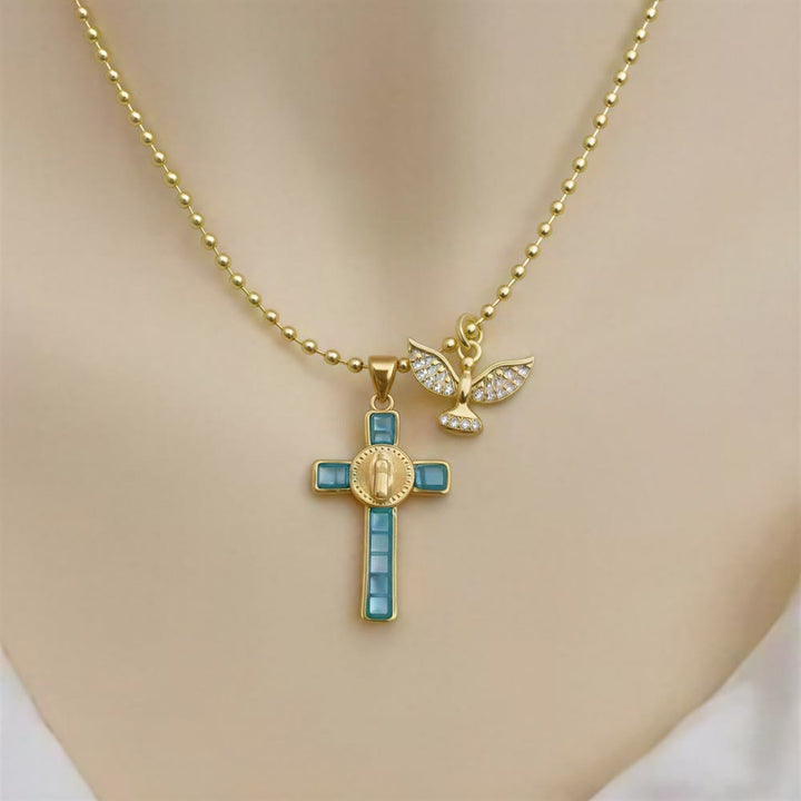 Christianartworkshop Pastel Inlaid Cross Necklace With Sparkling Wing Charm: Emblem of Soft Heavenly Protection - Lake Blue - image 5