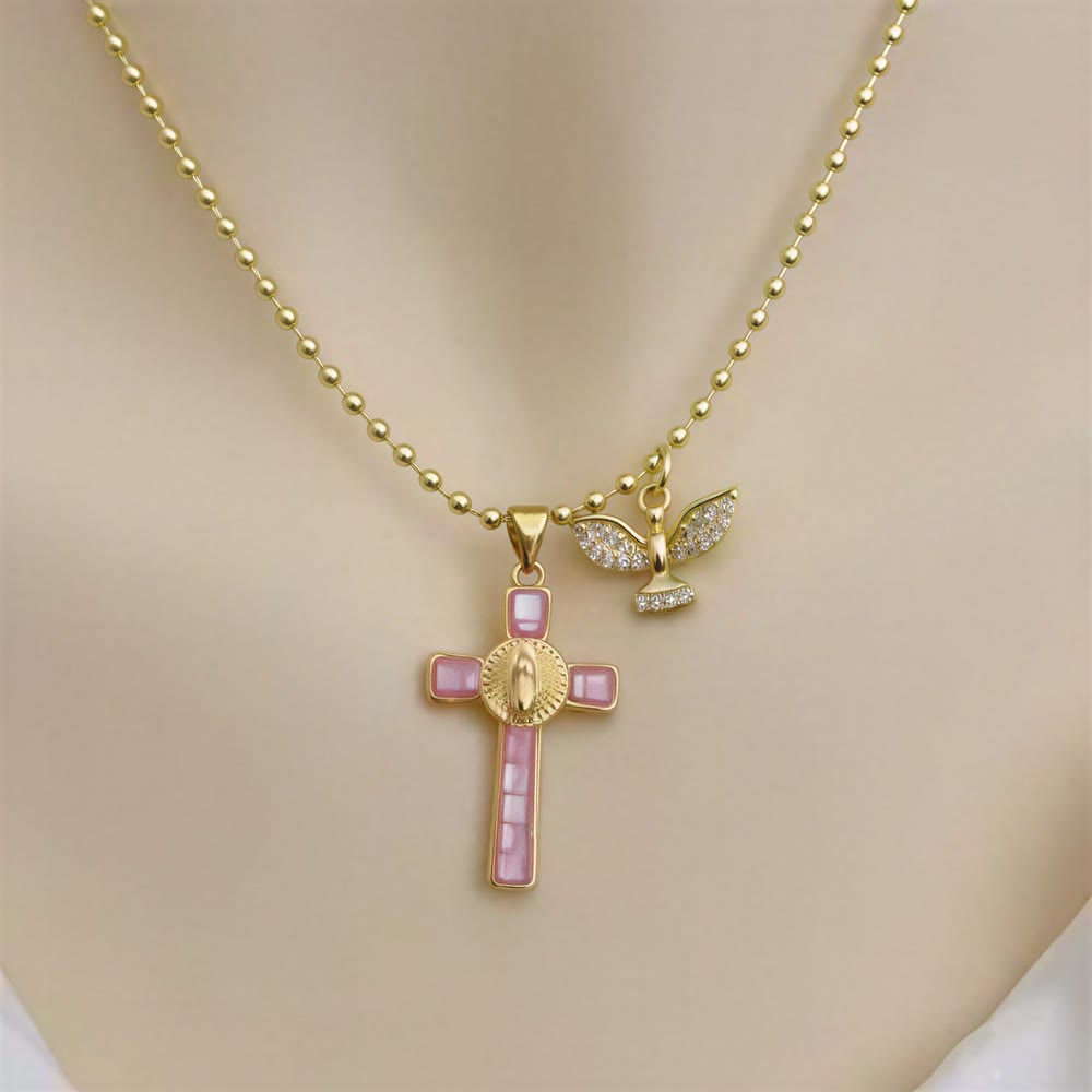 Christianartworkshop Pastel Inlaid Cross Necklace With Sparkling Wing Charm: Emblem of Soft Heavenly Protection - Light Pink - image 1