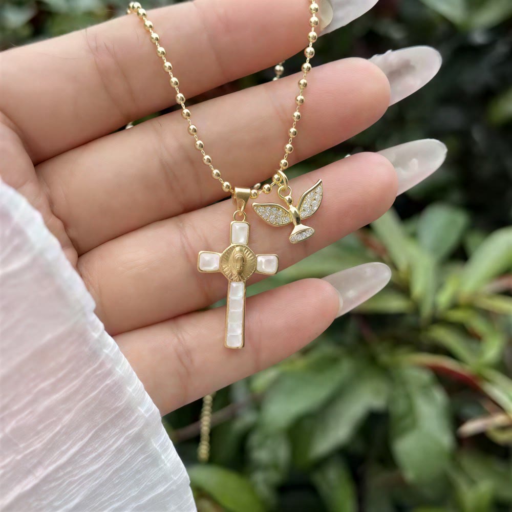 Christianartworkshop Pastel Inlaid Cross Necklace With Sparkling Wing Charm: Emblem of Soft Heavenly Protection - image 8