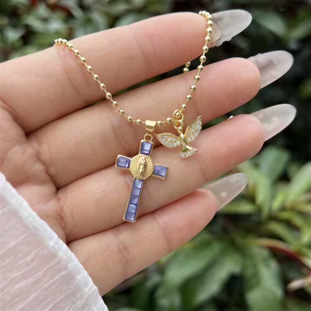 Christianartworkshop Pastel Inlaid Cross Necklace With Sparkling Wing Charm: Emblem of Soft Heavenly Protection - image 10