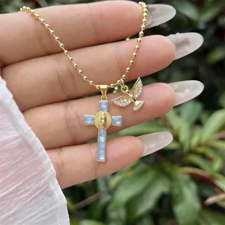Christianartworkshop Pastel Inlaid Cross Necklace With Sparkling Wing Charm: Emblem of Soft Heavenly Protection - image 12