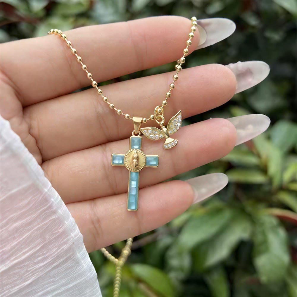Christianartworkshop Pastel Inlaid Cross Necklace With Sparkling Wing Charm: Emblem of Soft Heavenly Protection - image 6