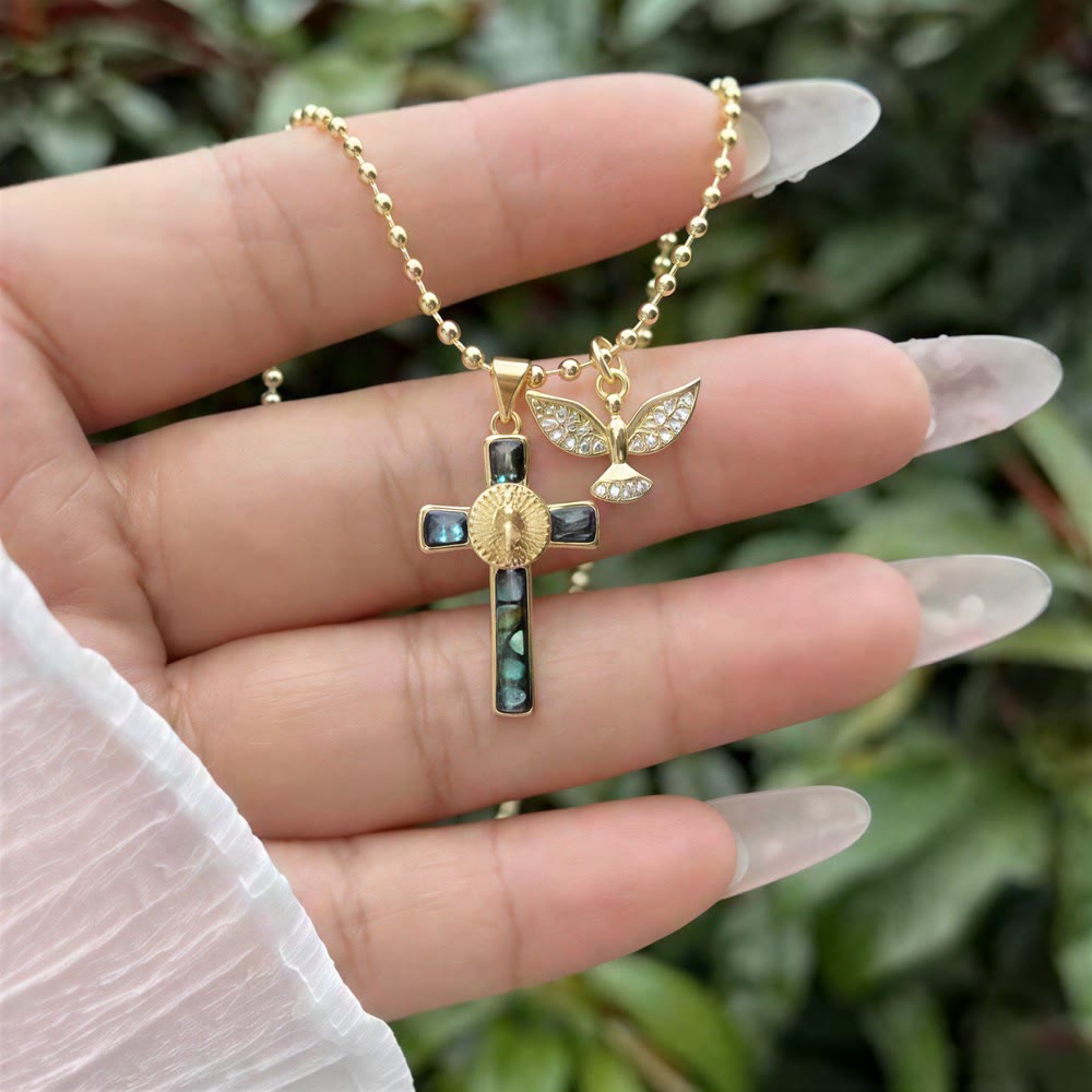 Christianartworkshop Pastel Inlaid Cross Necklace With Sparkling Wing Charm: Emblem of Soft Heavenly Protection - image 4
