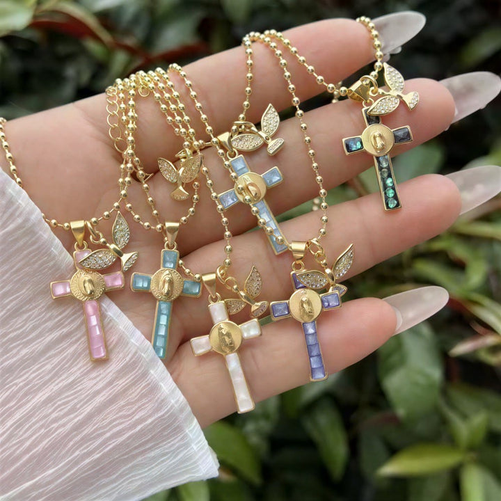 Christianartworkshop Pastel Inlaid Cross Necklace With Sparkling Wing Charm: Emblem of Soft Heavenly Protection - image 0