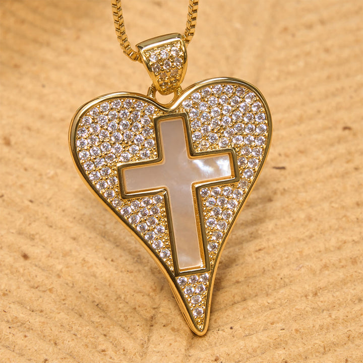 Christianartworkshop Pave Zircon Heart Necklace With Mother-of-Pearl Cross: Emblem of Sincere Heavenly Devotion - image 4
