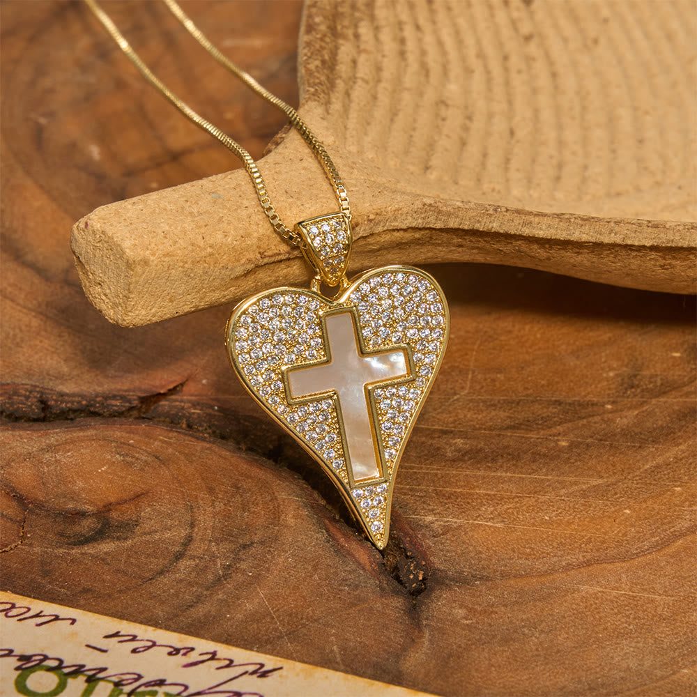 Christianartworkshop Pave Zircon Heart Necklace With Mother-of-Pearl Cross: Emblem of Sincere Heavenly Devotion - image 1