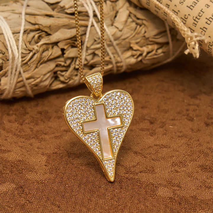 Christianartworkshop Pave Zircon Heart Necklace With Mother-of-Pearl Cross: Emblem of Sincere Heavenly Devotion - image 2