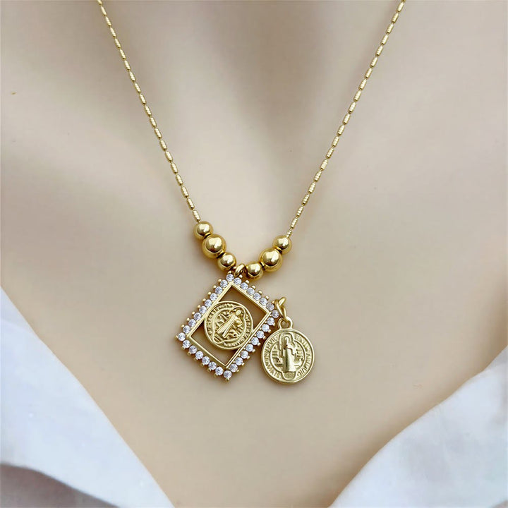 Christianartworkshop Bead Chain Holy Medallion Cross Necklace: Emblem of Tender Heavenly Comfort - Guadalupe Virgin&round holy medal - image 9