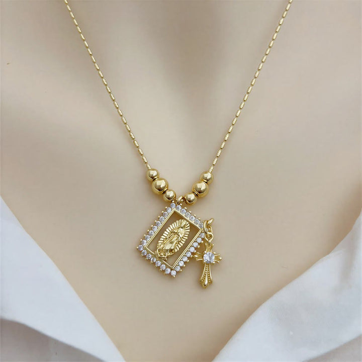 Christianartworkshop Bead Chain Holy Medallion Cross Necklace: Emblem of Tender Heavenly Comfort - Guadalupe Virgin&crystal cross - image 7