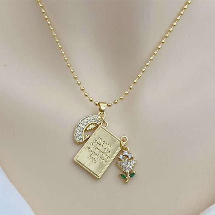 Christianartworkshop Bead Chain Holy Medallion Cross Necklace: Emblem of Tender Heavenly Comfort - Engraved moon text - image 4