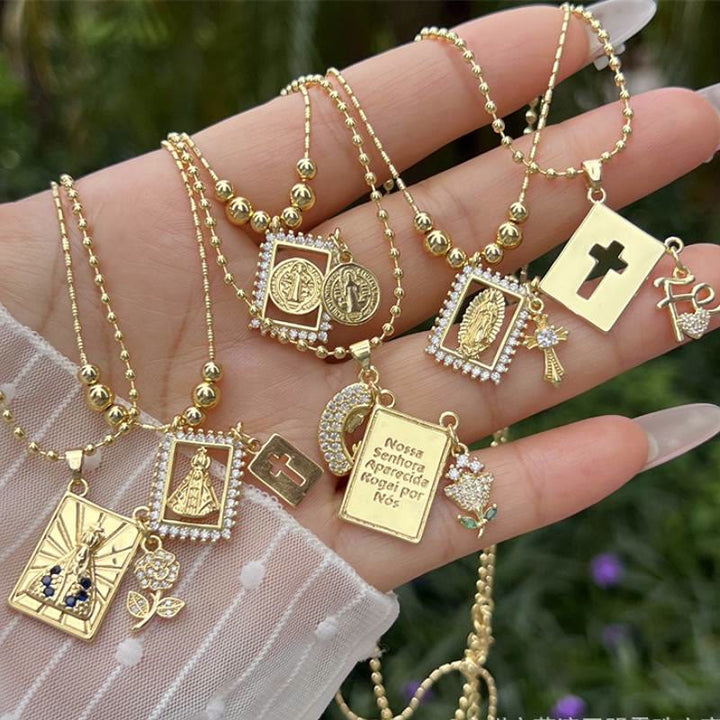 Christianartworkshop Bead Chain Holy Medallion Cross Necklace: Emblem of Tender Heavenly Comfort - image 0