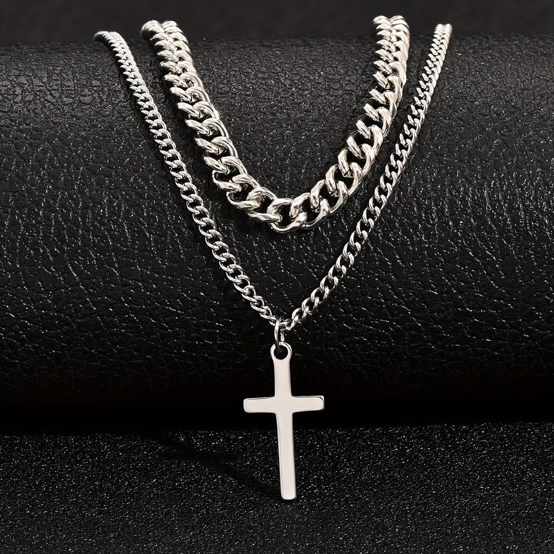 Christianartworkshop Layered Curb Chain Cross Pendant Necklace: Emblem of Steadfast Heavenly Shelter - Silver - image 0