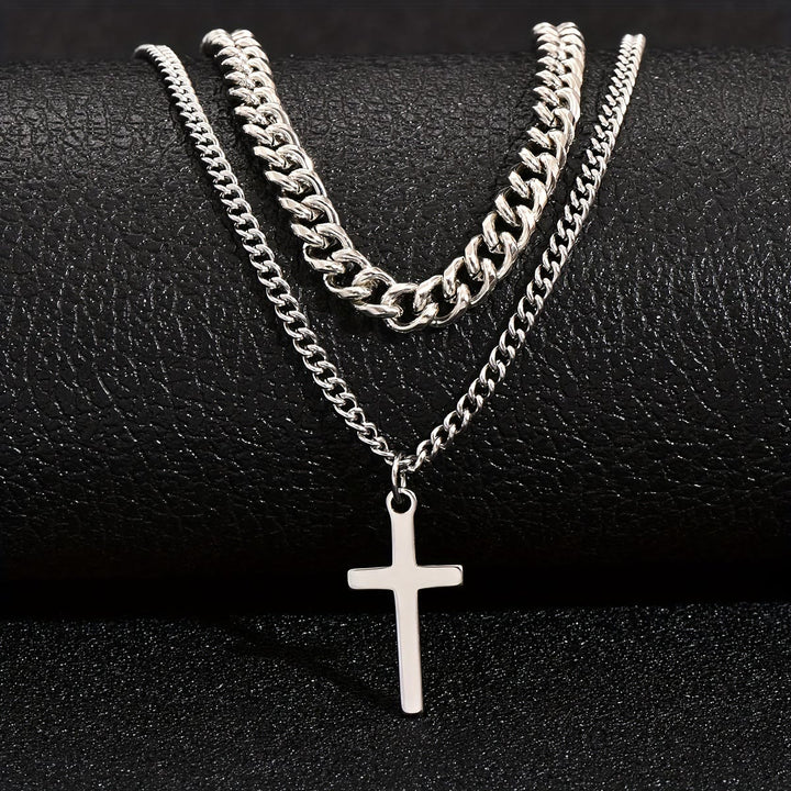 Christianartworkshop Layered Curb Chain Cross Pendant Necklace: Emblem of Steadfast Heavenly Shelter - Silver - image 0