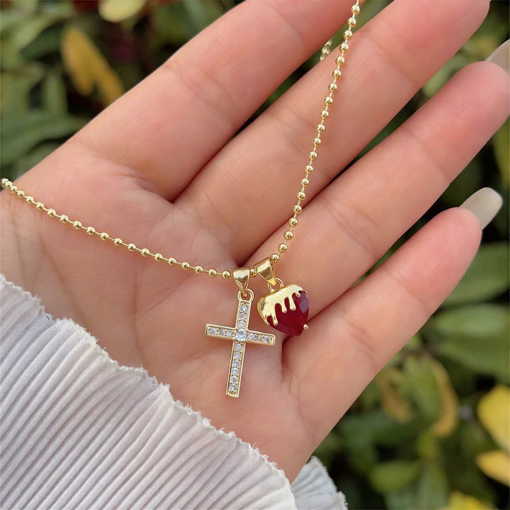 Christianartworkshop Crystal Cross & Sacred Heart Dual Charm Necklace: Emblem of Tender Heavenly Compassion - Heart with golden dripping edge - image 4