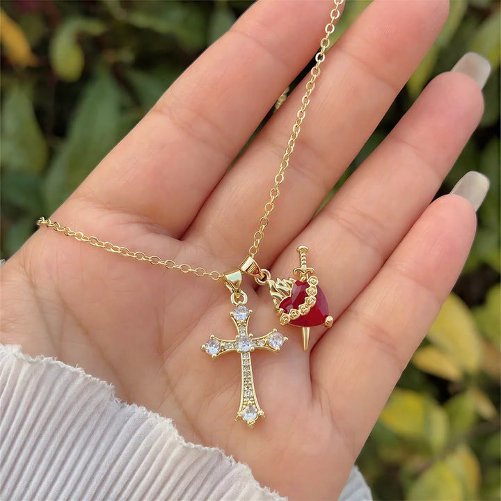 Christianartworkshop Crystal Cross & Sacred Heart Dual Charm Necklace: Emblem of Tender Heavenly Compassion - Heart pierced by sword - image 0