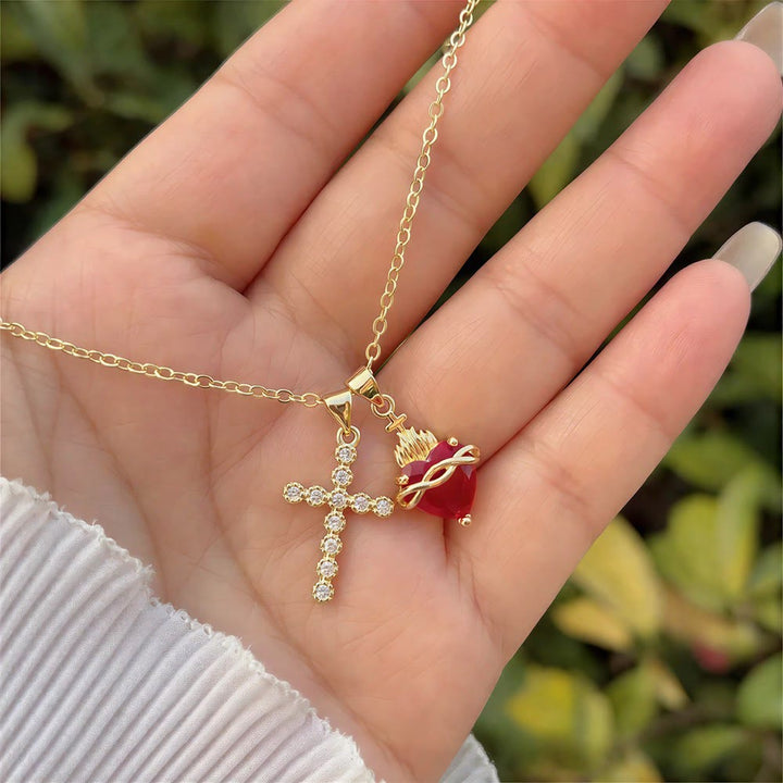 Christianartworkshop Crystal Cross & Sacred Heart Dual Charm Necklace: Emblem of Tender Heavenly Compassion - Heart wrapped with infinity symbol - image 2