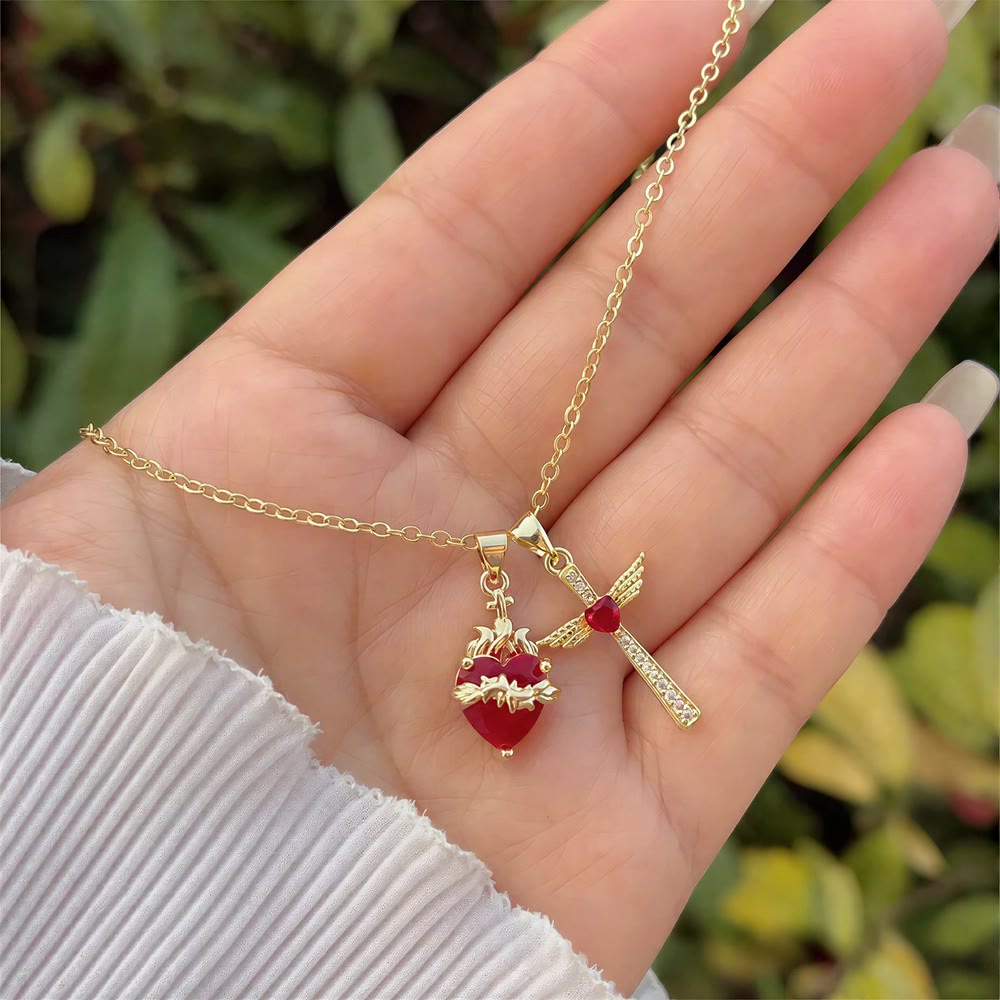 Christianartworkshop Crystal Cross & Sacred Heart Dual Charm Necklace: Emblem of Tender Heavenly Compassion - Cross with angel wings - image 3