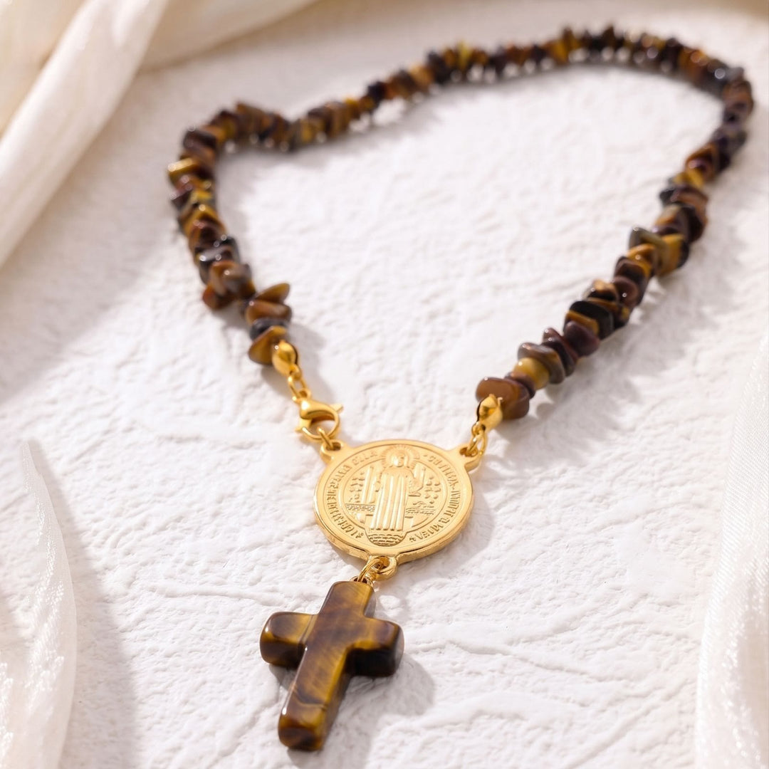 Christianartworkshop Rustic Stone Beaded Devotion Necklace With Solid Stone Cross: Token of Steadfast Quiet Devotion - image 1