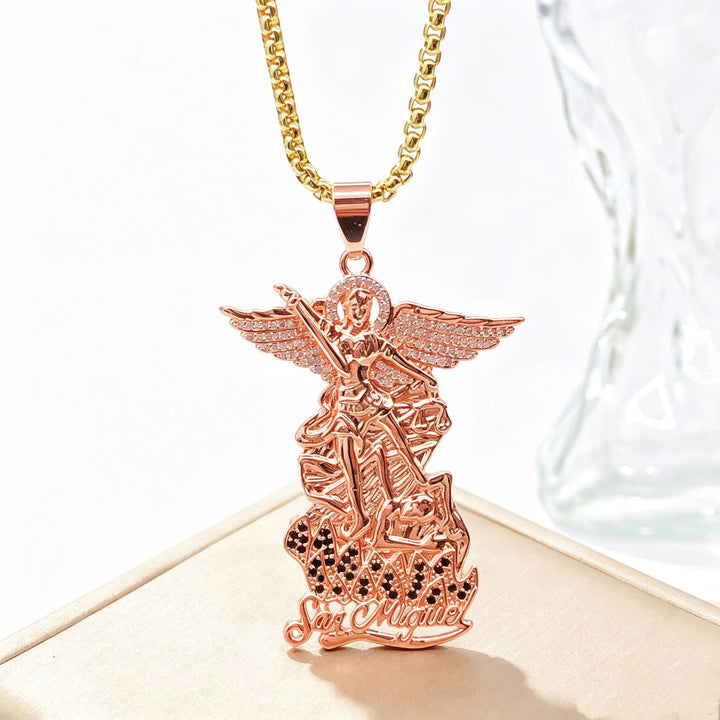 Christianartworkshop Detailed Carved Victorious Guardian Pendant Chain: Token of Triumphant Sacred Hope - Rose Gold Archangel Pendant With Black Stones - image 8