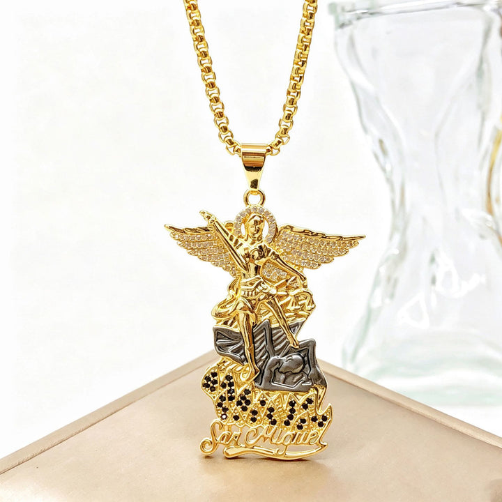 Christianartworkshop Detailed Carved Victorious Guardian Pendant Chain: Token of Triumphant Sacred Hope - Two-Tone Gold & Gunmetal Archangel Pendant - image 9