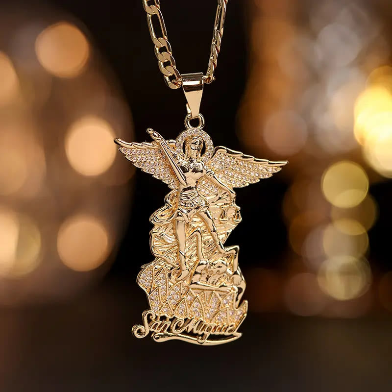 FREE Today: Detailed Carved Victorious Guardian Pendant Chain: Token of Triumphant Sacred Hope - Gold Archangel Pendant Fully Inlaid Clear Stones - image 0