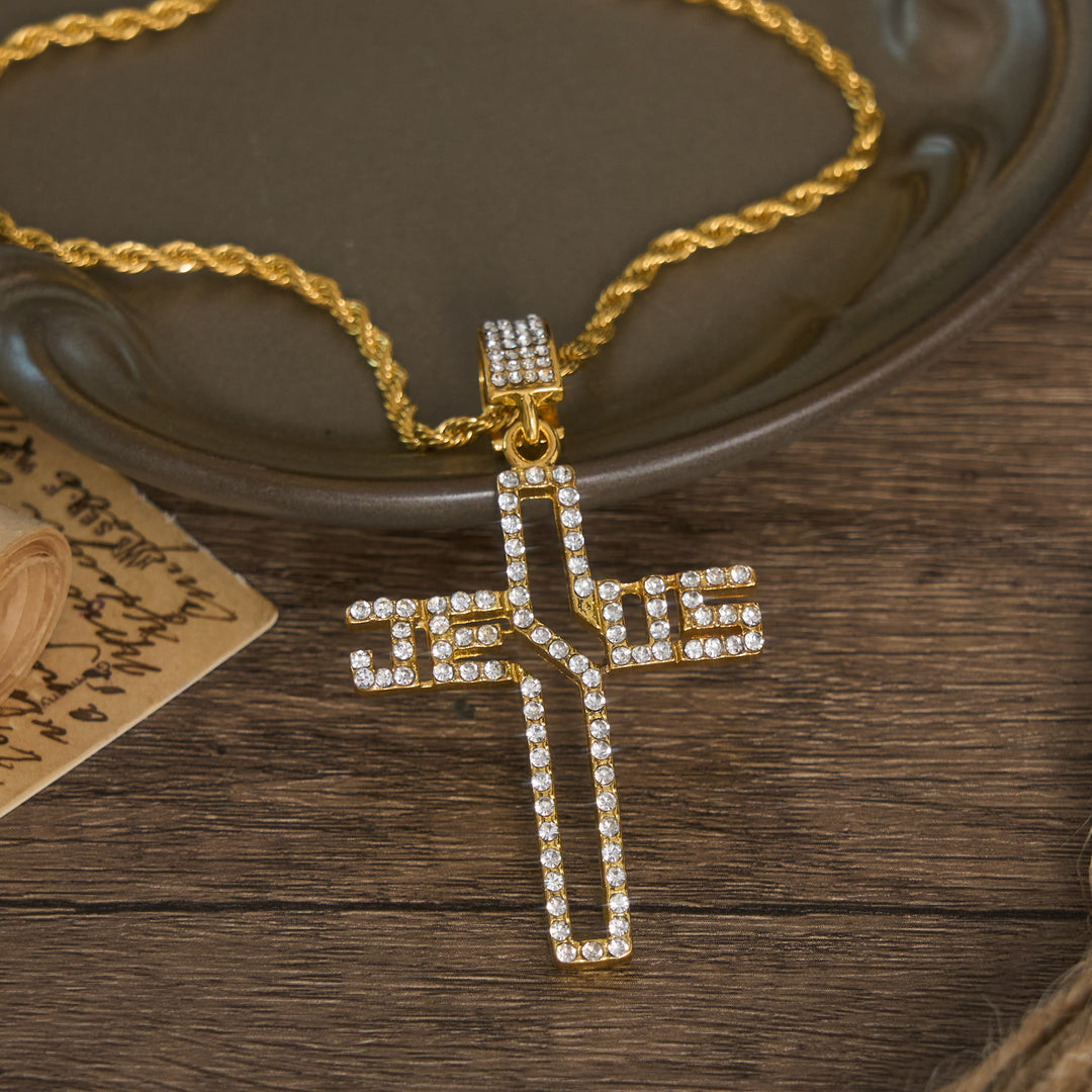 Christianartworkshop Hollow Script Jesus Cross Necklace With Inlaid Stones: Symbol of Enduring Faith - Golden - image 0